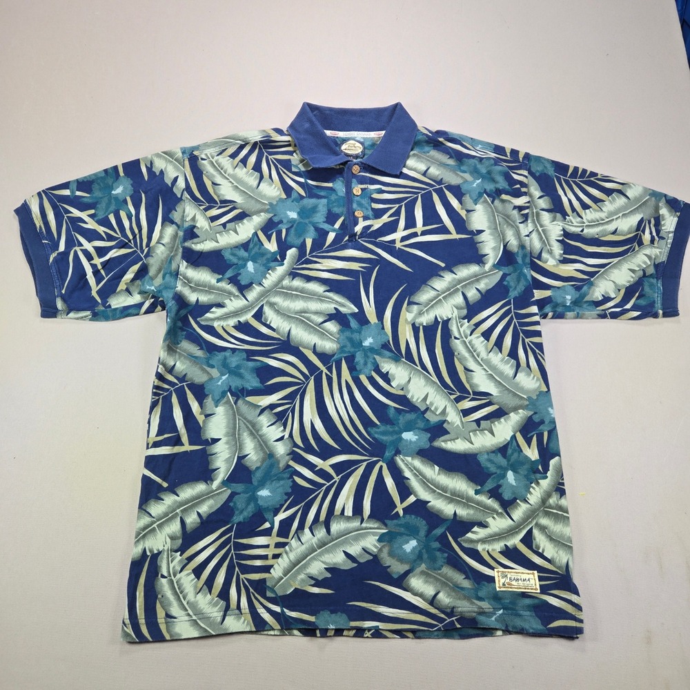 Tommy‎ Bahama Polo Shirt Tropical Leaf Floral Blue Mens Large L